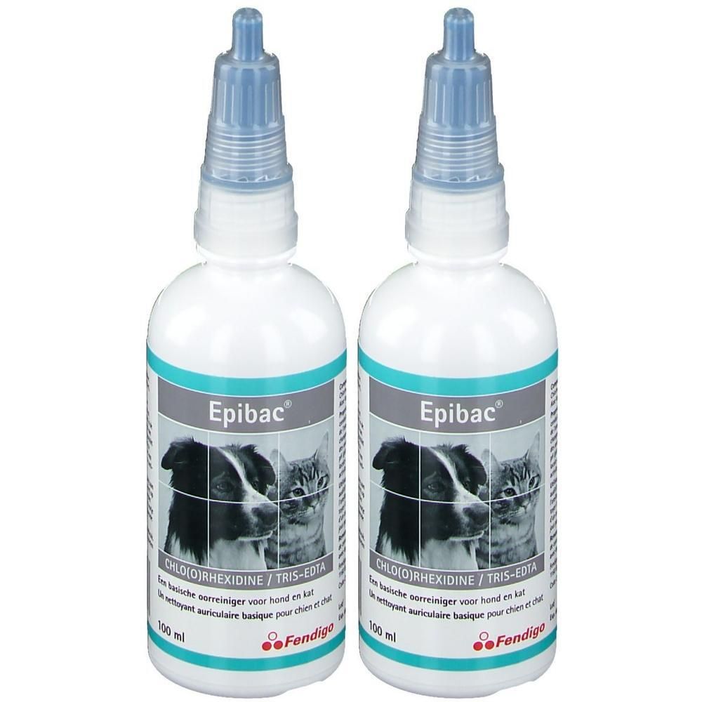 Deux flacons de nettoyant auriculaire Epibac avec image de chien et chat. 100 ml.