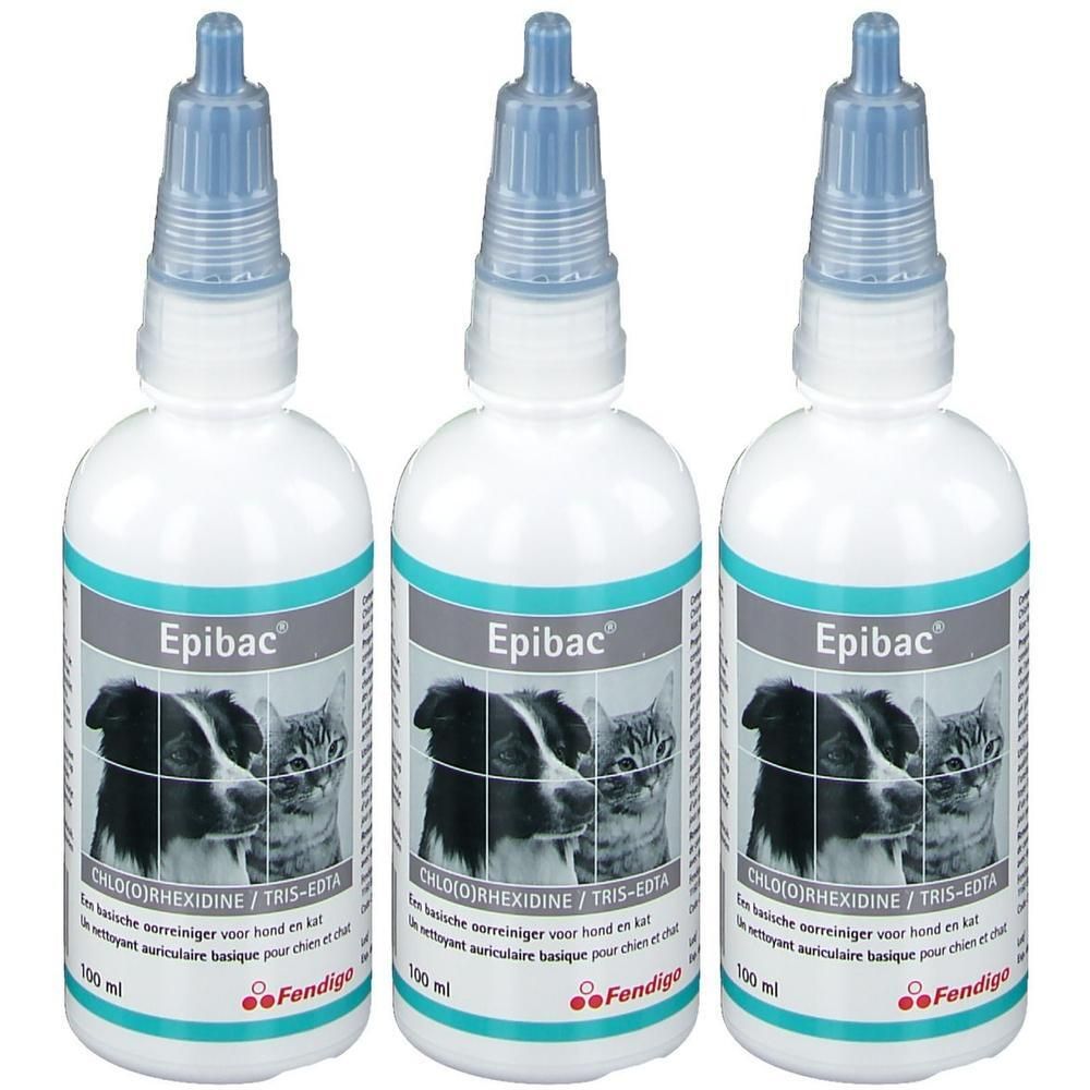 Drie flessen Epibac Oorreiniger met hond- en kattenafbeelding. 100 ml.
