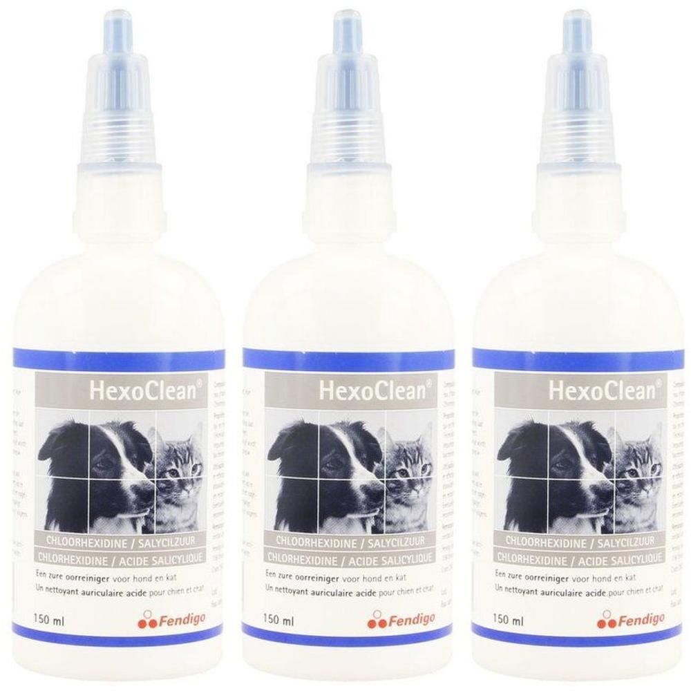 Trois flacons de HexoClean avec acide salicylique et chlorhexidine pour chiens et chats.