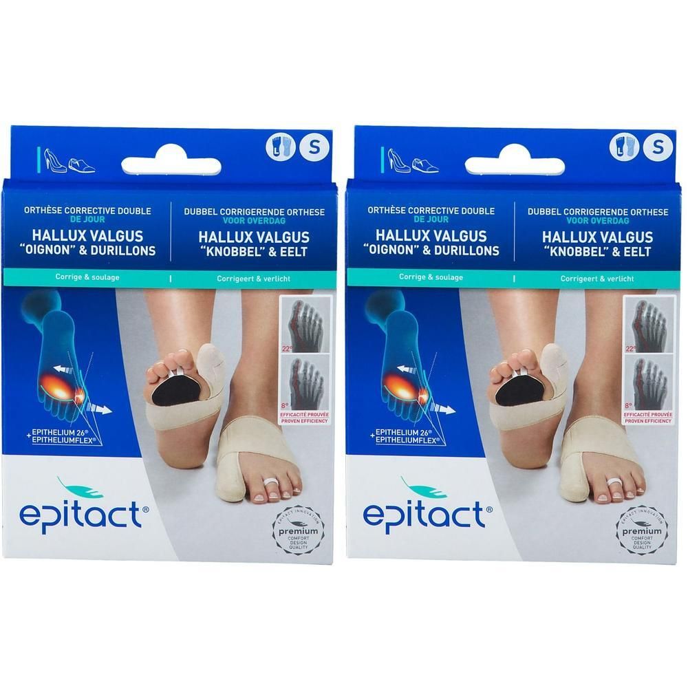 Deux paquets d'orthèses correctives de jour Epitact Hallux Valgus, taille S.