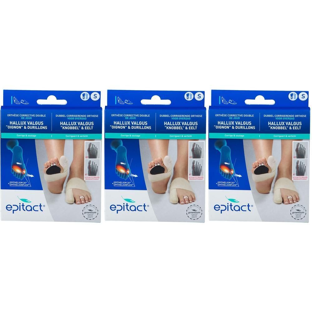 Trois boîtes d'orthèses Epitact Hallux Valgus pour oignons et durillons. Pour pied gauche, taille S.