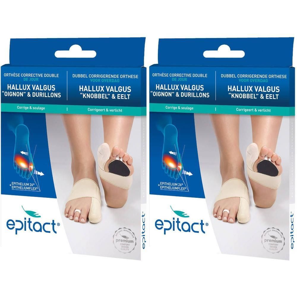 Deux paquets d'orthèses correctives Epitact Hallux Valgus de jour. Bandages beiges avec un coussinet noir.