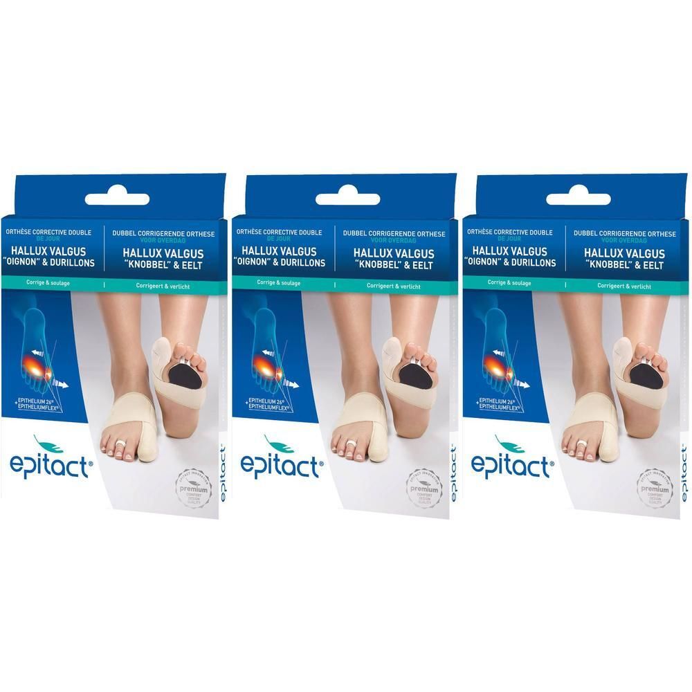 Trois paquets d'orthèses correctives de jour Epitact Hallux Valgus. Beige, avec séparateur d'orteils.
