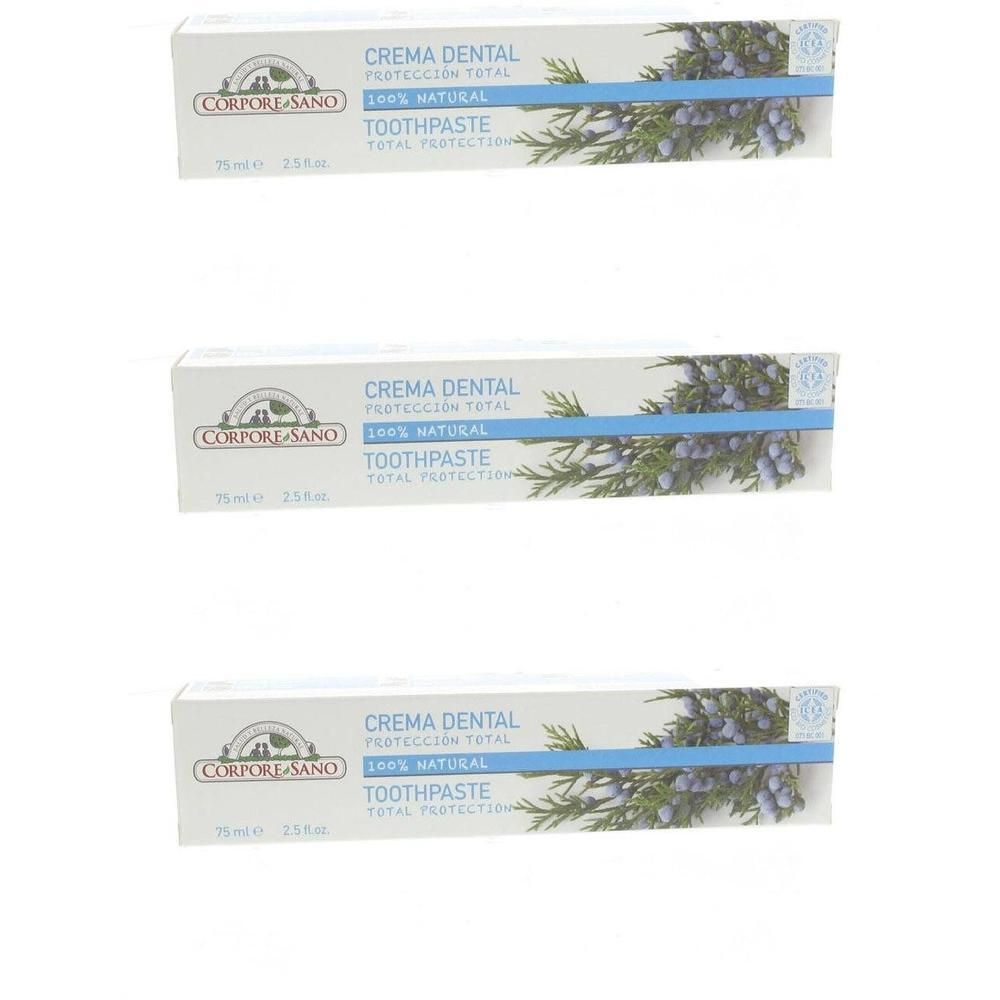 Trois boîtes de dentifrice avec motif végétal et texte "100% Natural Toothpaste".