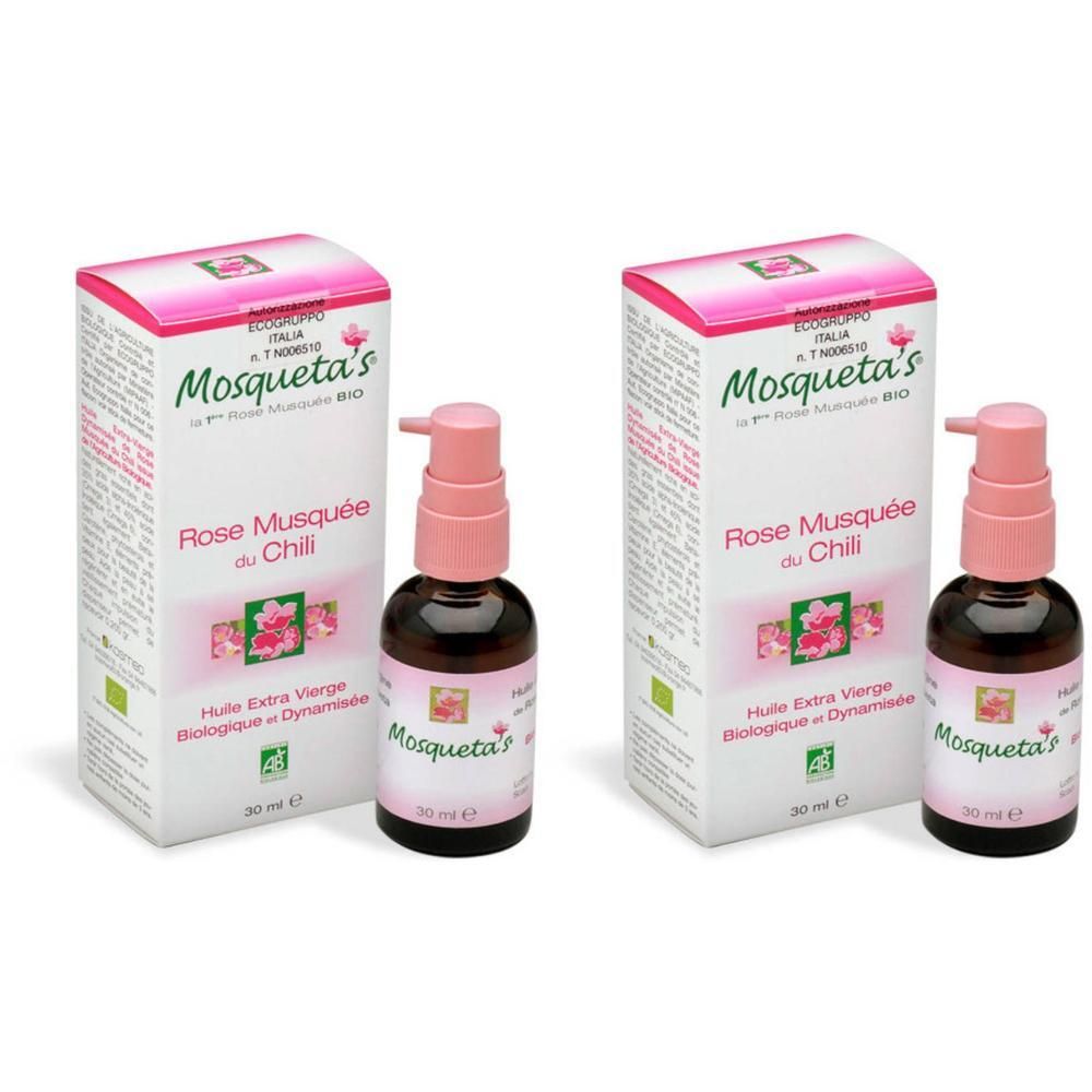 Deux flacons d'huile de rose bio avec pompe et emballage. Marque : Mosqueta's.