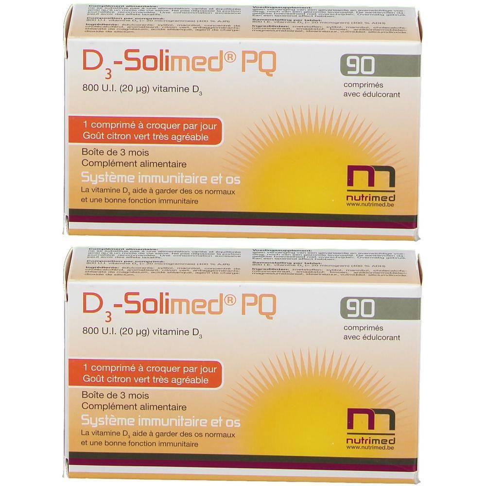Deux boîtes de D3-Solimed PQ, 90 comprimés chacune. Contient de la vitamine D3 pour le système immunitaire et les os.