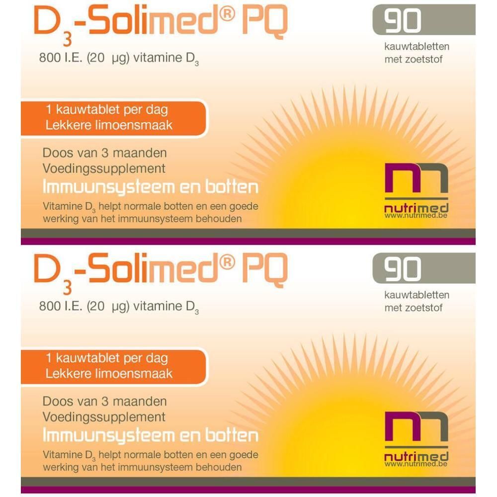 Twee pakken D3-Solimed PQ, elk met 90 kauwtabletten. Oranje-witte verpakking met zonsymbool en Nutrimed-logo.