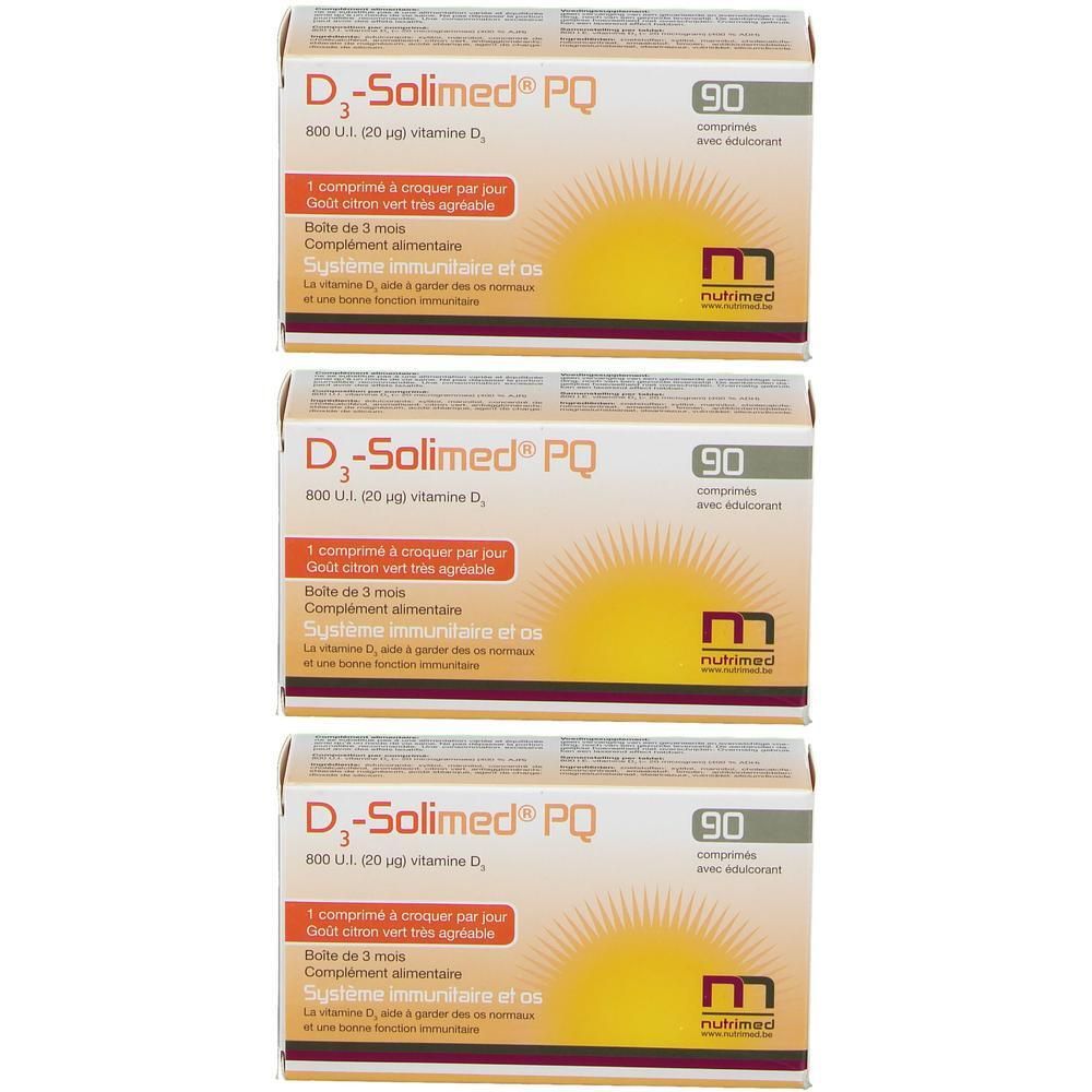Trois boîtes D3 Solimed PQ de 90 comprimés chacune. Contient de la vitamine D3.