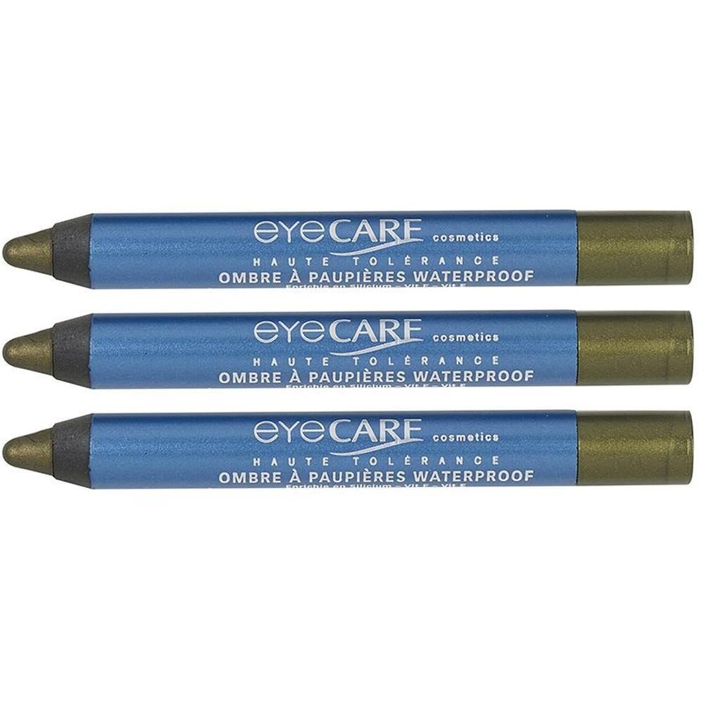 Drie Eye Care Waterproof Mousse oogschaduwstiften in kaki groen.