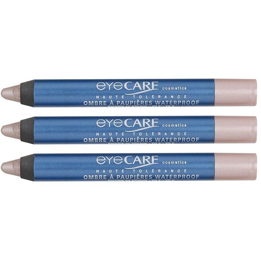 Drie blauwe Eye Care Waterproof oogschaduwpotloden met zilveren applicator.