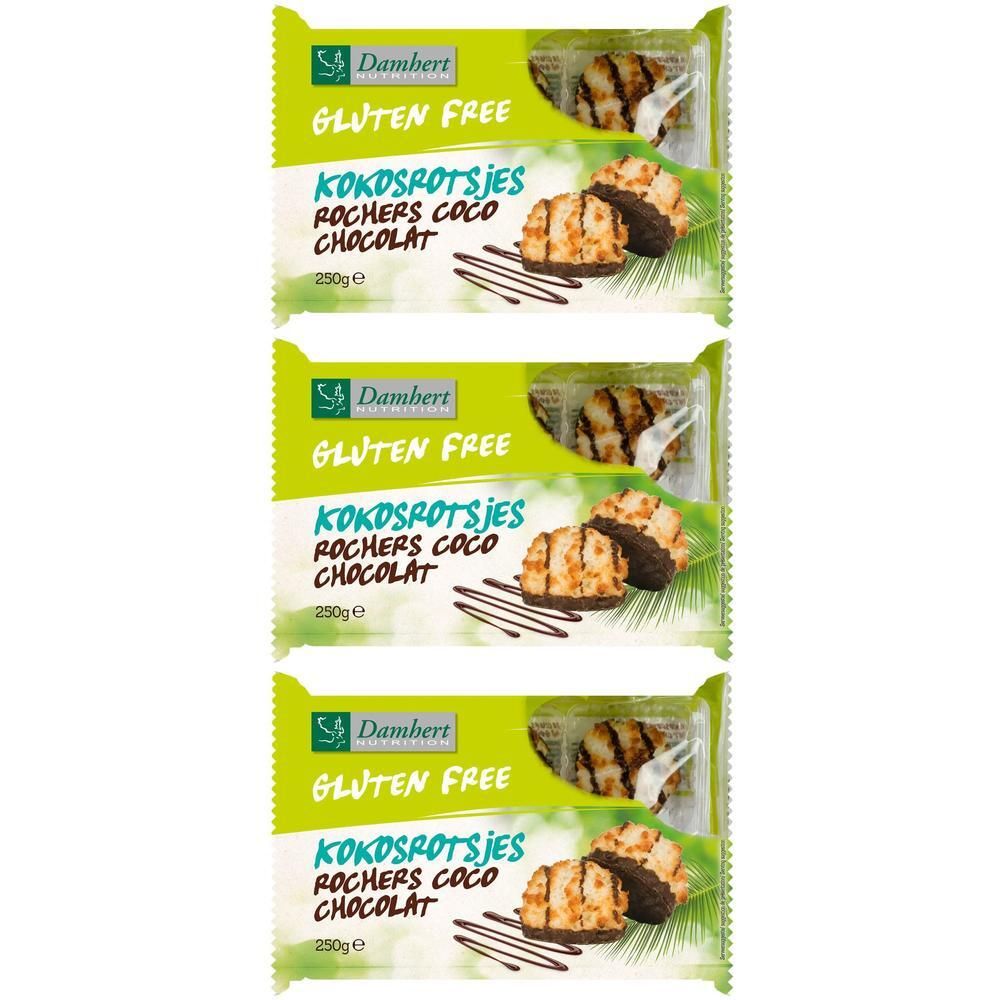 Trois paquets de Damhert Rochers Coco Chocolat, sans gluten, 250g.