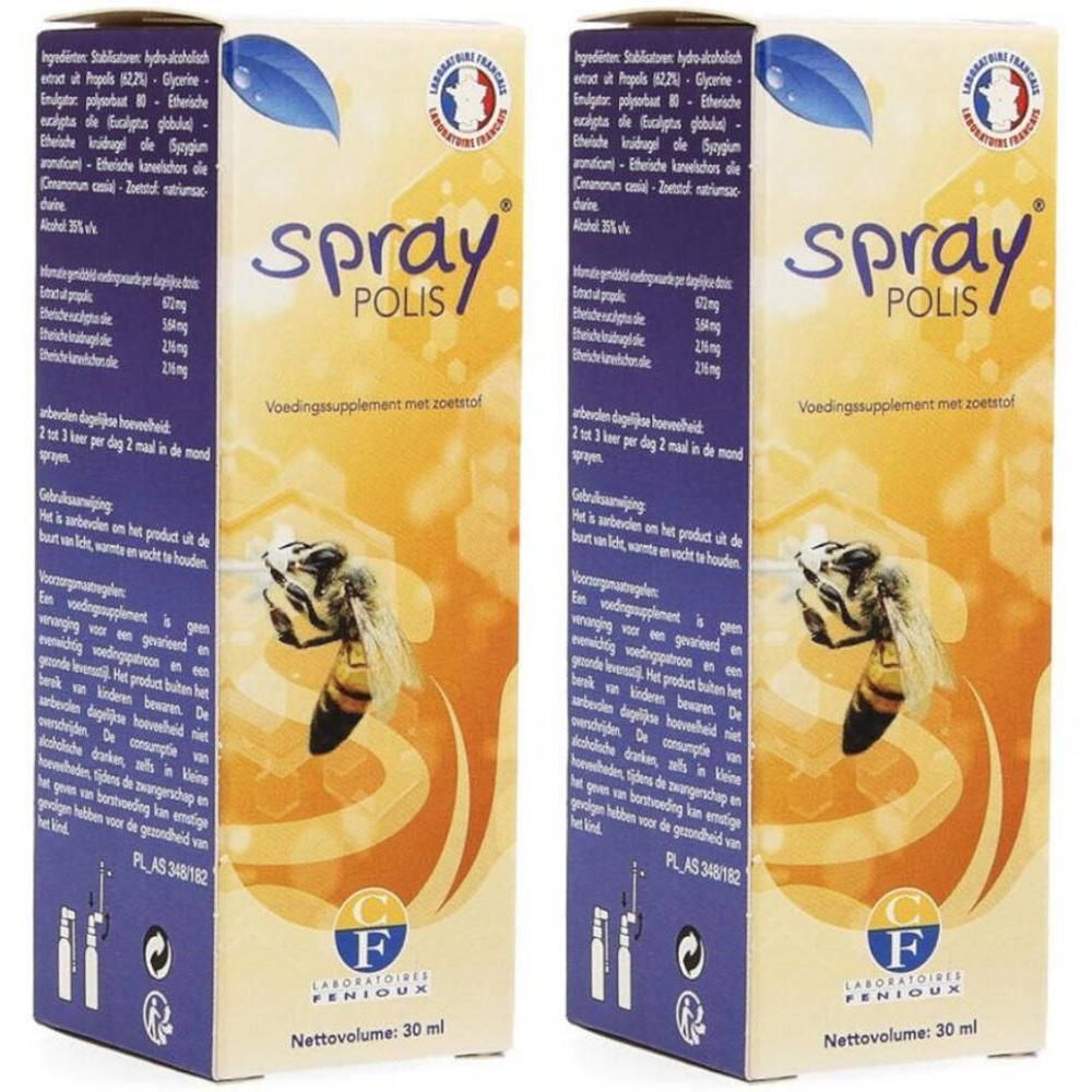 Deux boîtes de Spraypolis, complément alimentaire avec miel. Contenu net 30 ml.
