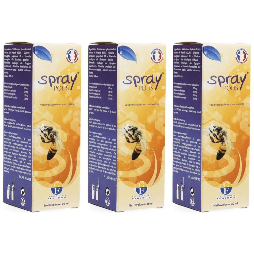 Trois paquets de Spray Polis avec motif d'abeille et informations textuelles.