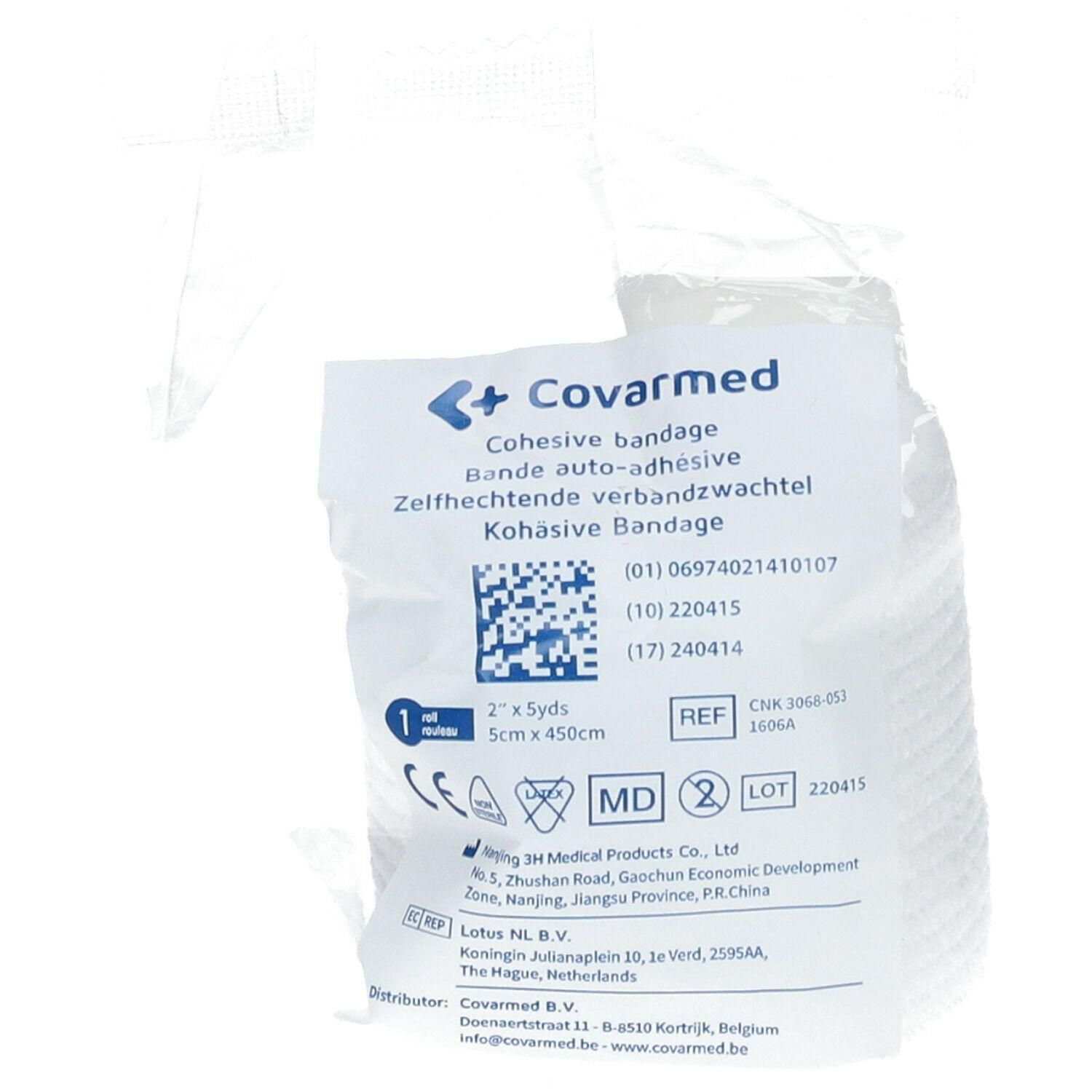 Bande auto-adhésive Covarmed, 5cm x 4,5m, blanche. Marquages CE, MD, LOT 220415.