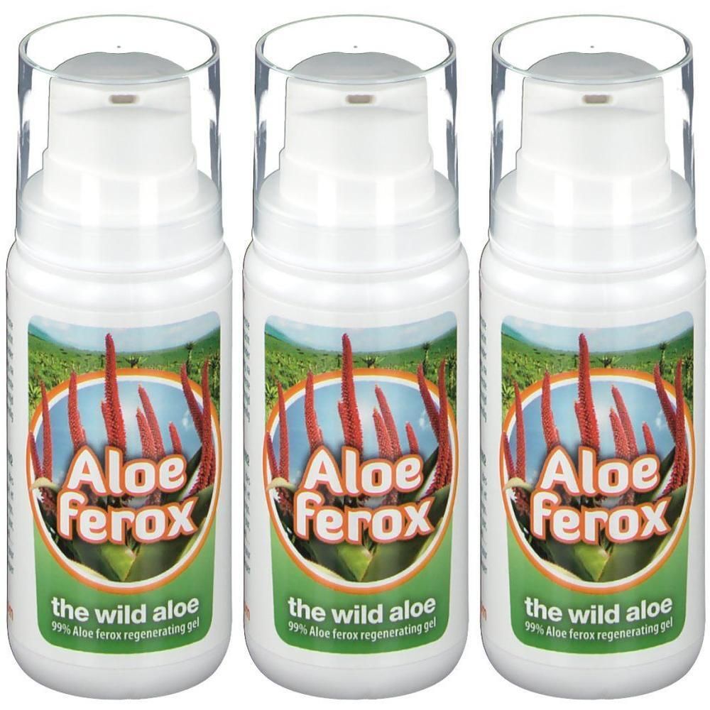 Drie flessen Aloe Ferox gel met pompdos en etiketten met Aloe Ferox planten.