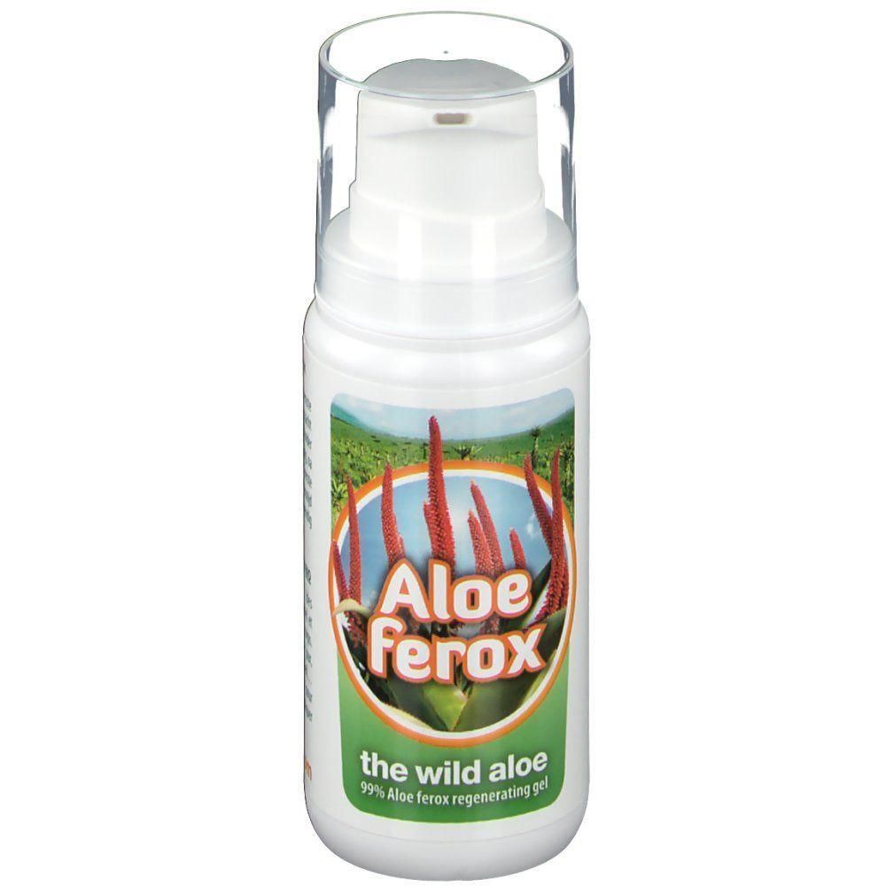 Flacon pompe, gel Aloe Ferox avec motif de plante d'aloès.