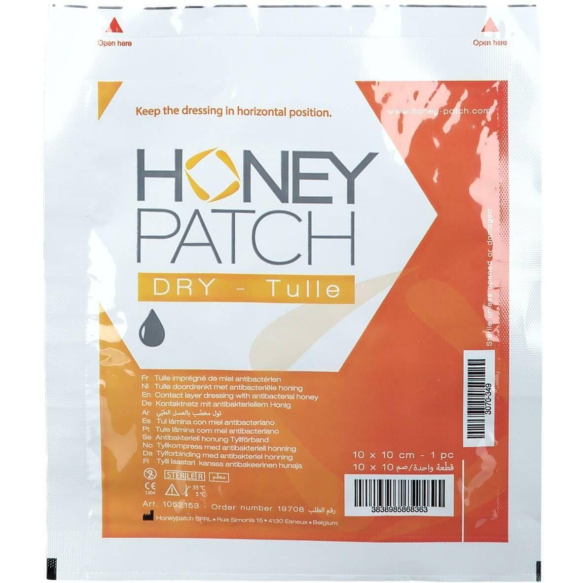 Emballage Honey Patch Dry Tulle, 10x10cm, tulle imprégnée de miel antibactérien.