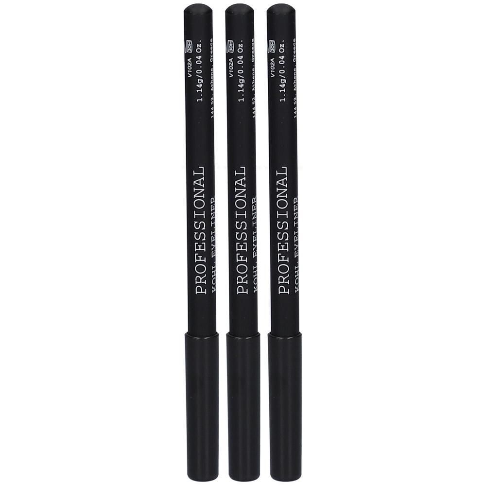 Drie zwarte kohl-eyeliner potloden met de tekst "PROFESSIONAL KOHL EYELINER".