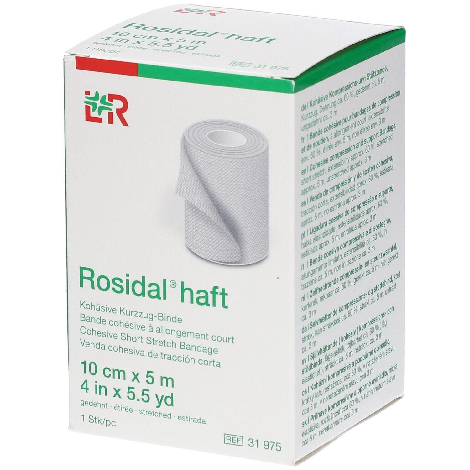 Bande adhésive Rosidal haft, 10 cm x 5 m, enroulée sur un mandrin, dans un emballage blanc.