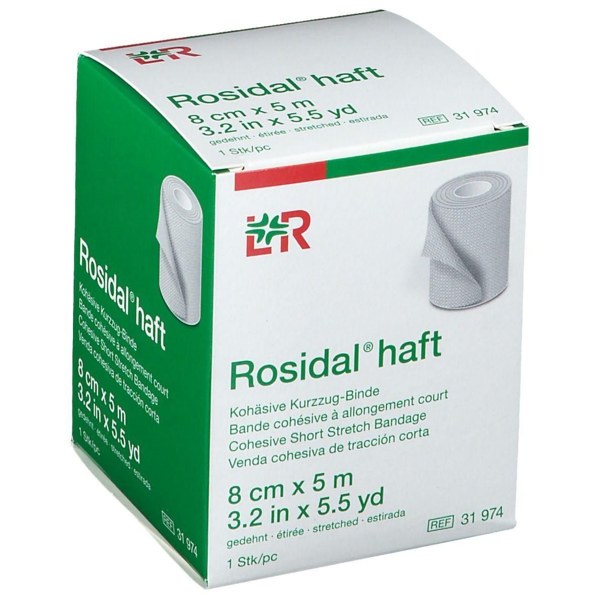 Bande Rosidal haft, 8 cm x 5 m, bande cohésive à allongement court.