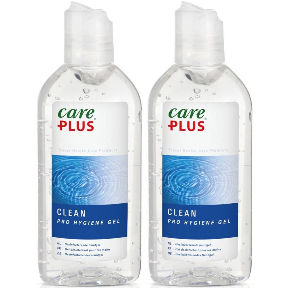 Twee flacons Care Plus Clean Pro Hygiëne Gel handdesinfectiemiddel.