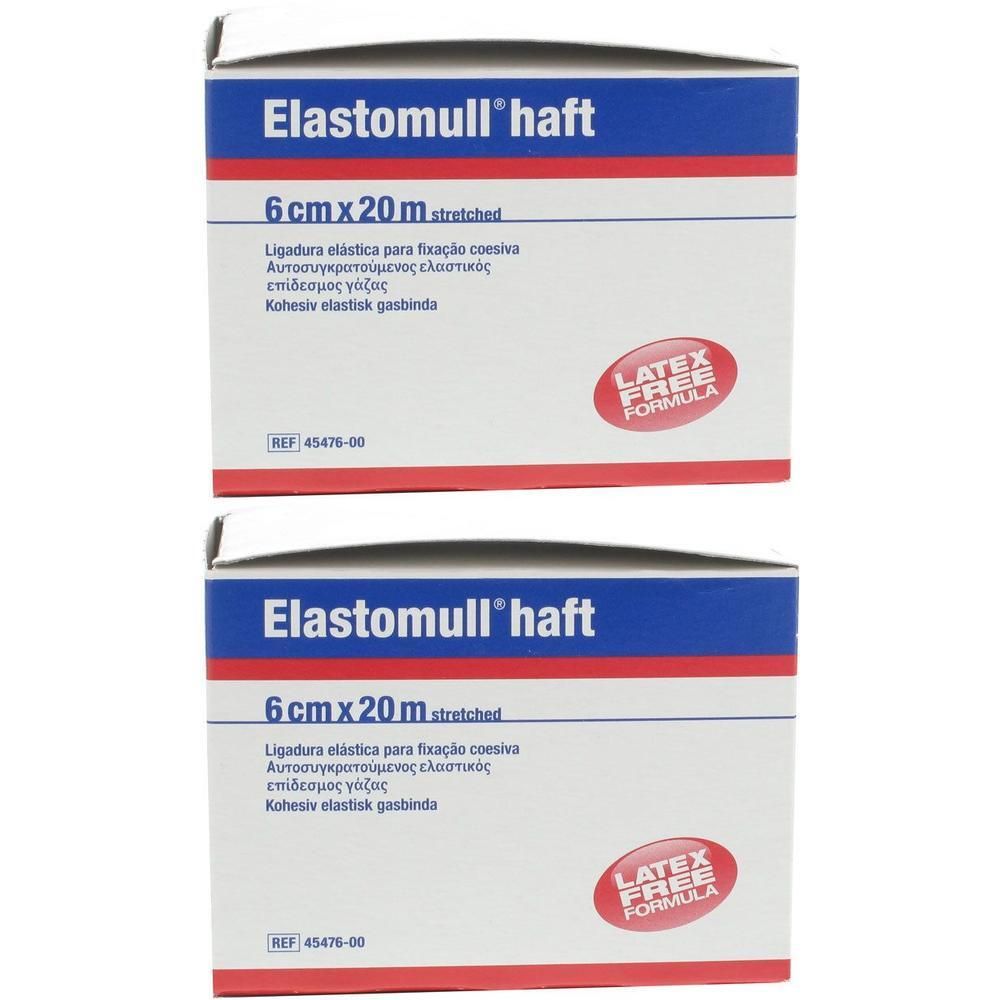 Deux boîtes de Elastomull haft. Inscription : 6 cm x 20 m, Latex Free Formula. Numéro de produit 45476-00.
