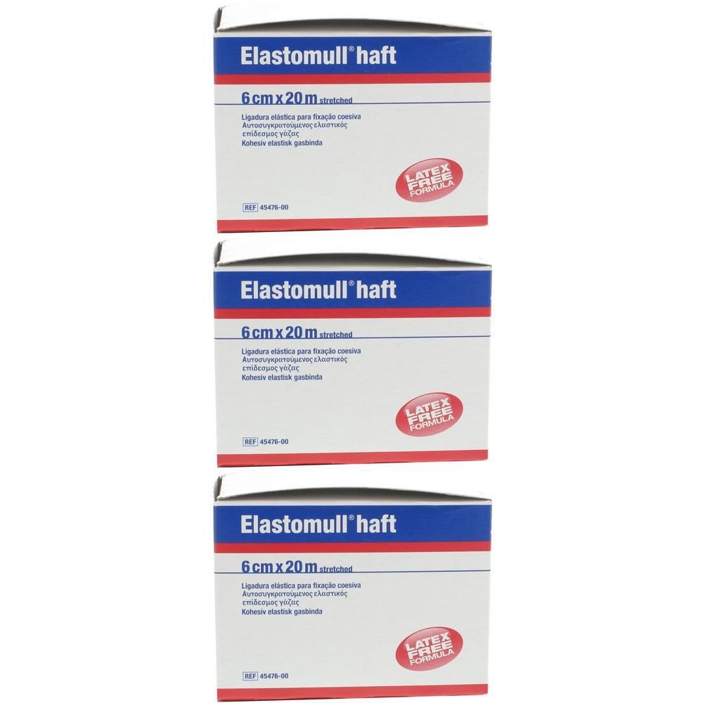 Trois boîtes d'Elastomull haft. Inscription : 6 cm x 20 m. Sans latex. Bandes bleues et rouges.