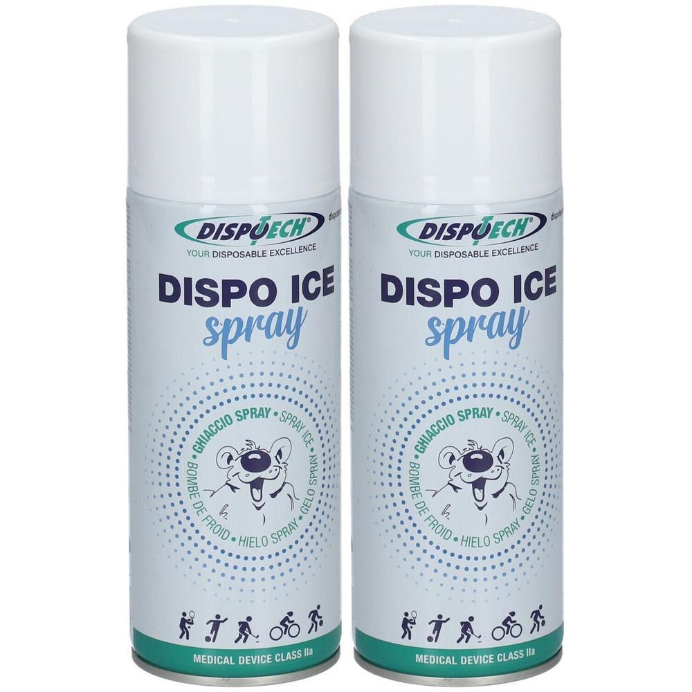 Deux bombes de Dispo Ice Spray avec motif ours polaire et symboles sportifs. Dispositif médical classe IIa.