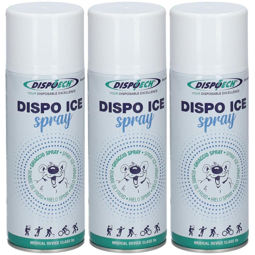 Trois aérosols Dispo Ice Spray avec illustration d'un ours et de sportifs.