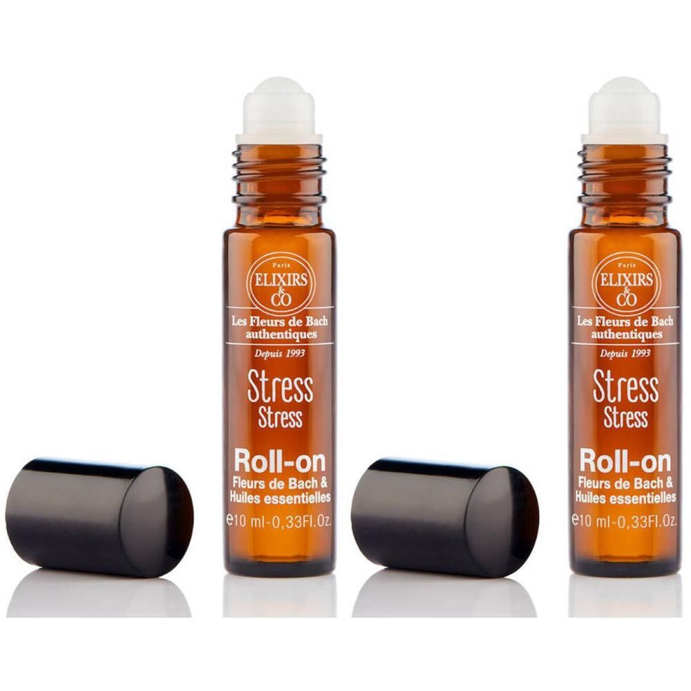 Deux flacons roll-on Elixirs & Co Stress de 10 ml avec bouchons noirs.