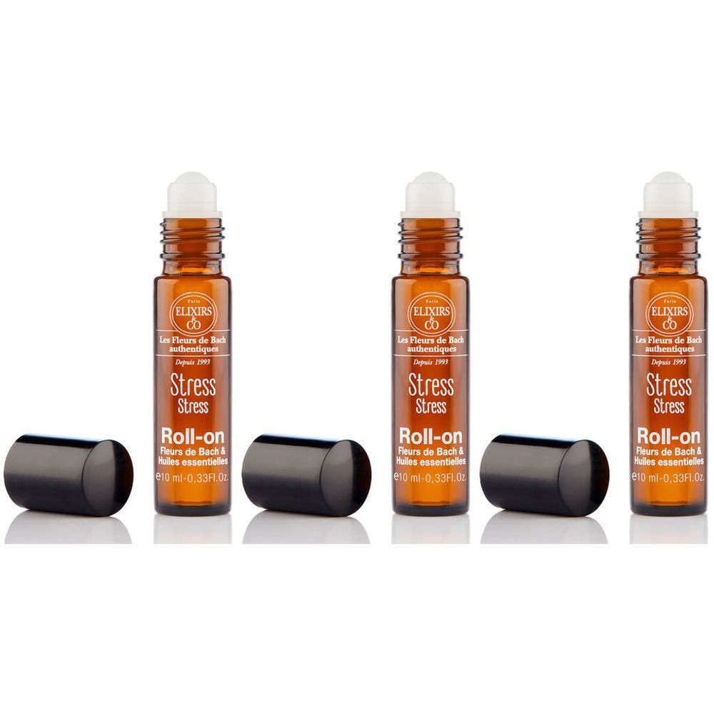 Drie Elixirs & Co Stress Roll-on flesjes van 10 ml elk, met zwarte dopjes.