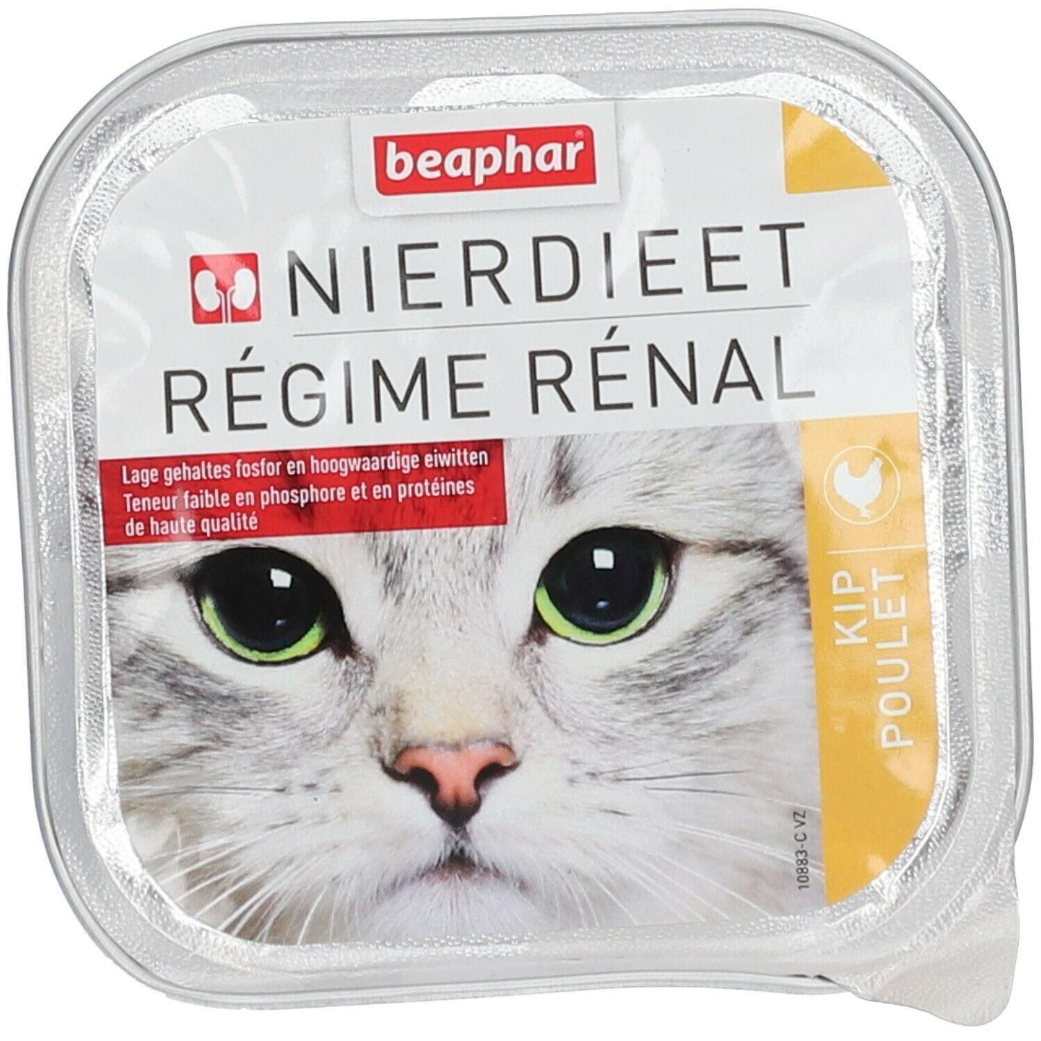 Beaphar Nierdiät Régime Rénal Poulet. Alimentation pour chat en barquette avec motif de chat et texte.
