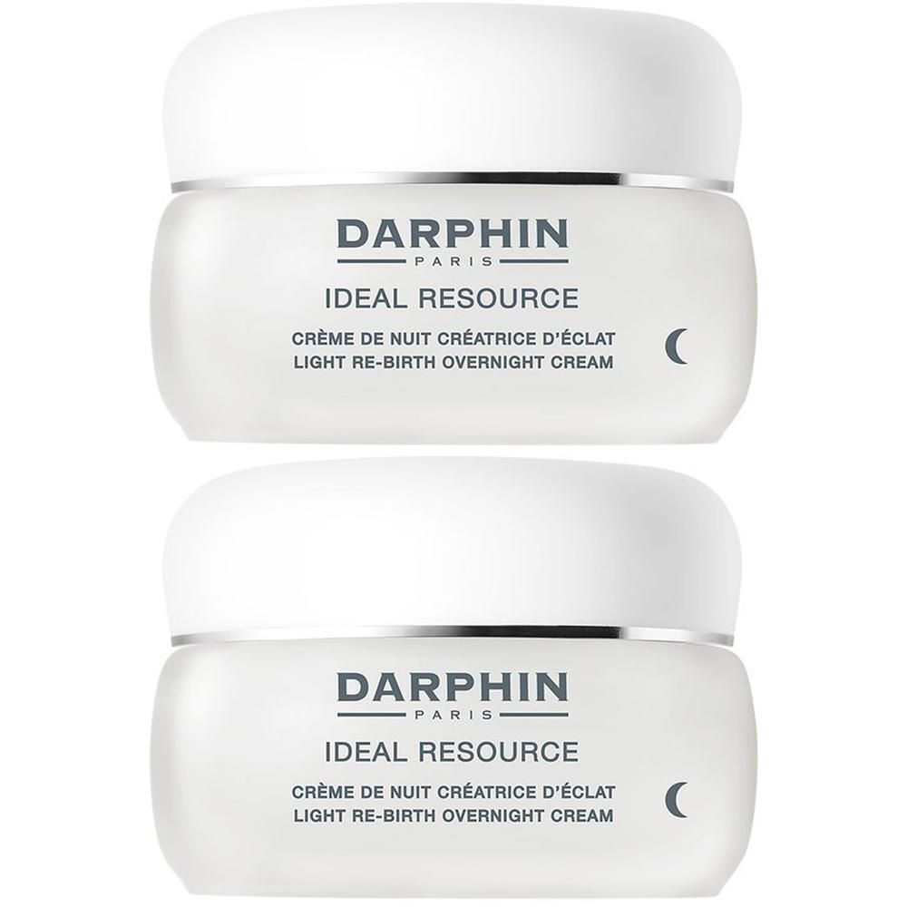 Deux pots Darphin Ideal Resource Crème de Nuit. Pot blanc avec anneau argenté et inscription noire.