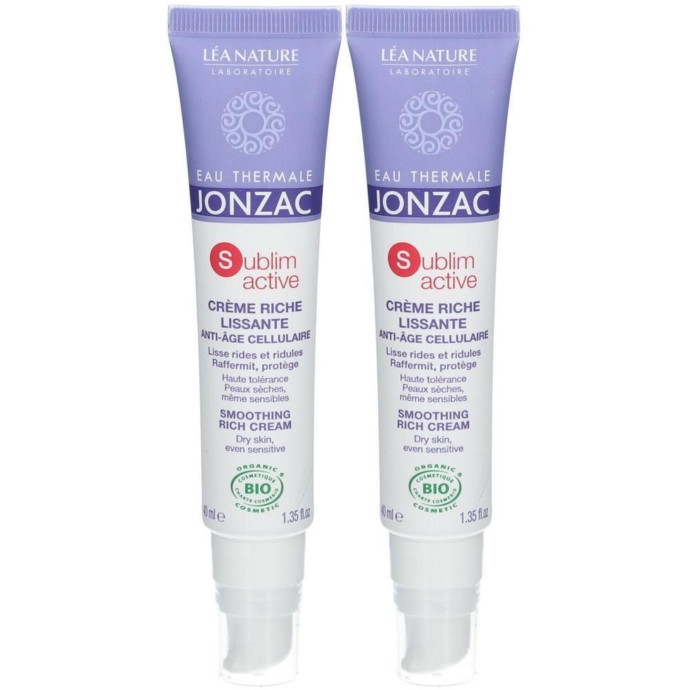 Twee tubes Jonzac Sublimactive Smoothing Rich Cream met pompdispenser.