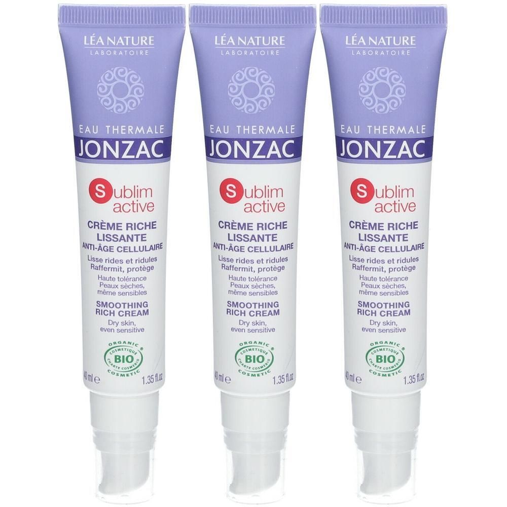 Drie tubes Jonzac Sublimactive Smoothing Rich Cream met pompdispenser.