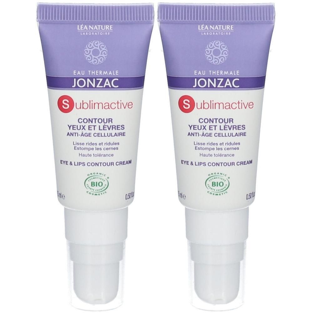 Twee Jonzac Sublimactive oog- en lipcontourcrème tubes met Bio-keurmerk.