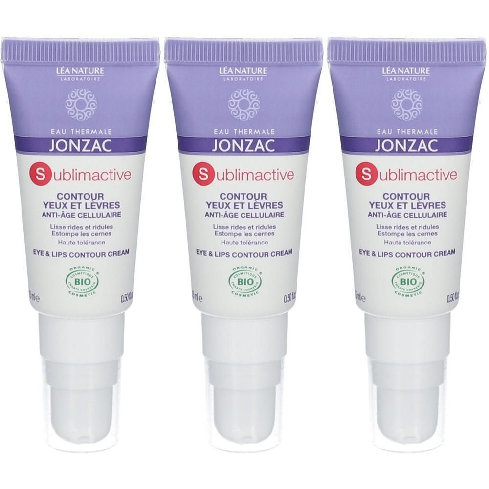 Trois tubes de crème contour yeux et lèvres anti-âge cellulaire bio Jonzac Sublimactive.