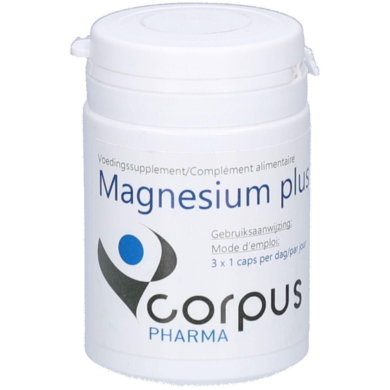 Pot blanc contenant des capsules de Magnésium plus. Logo Corpus Pharma visible.