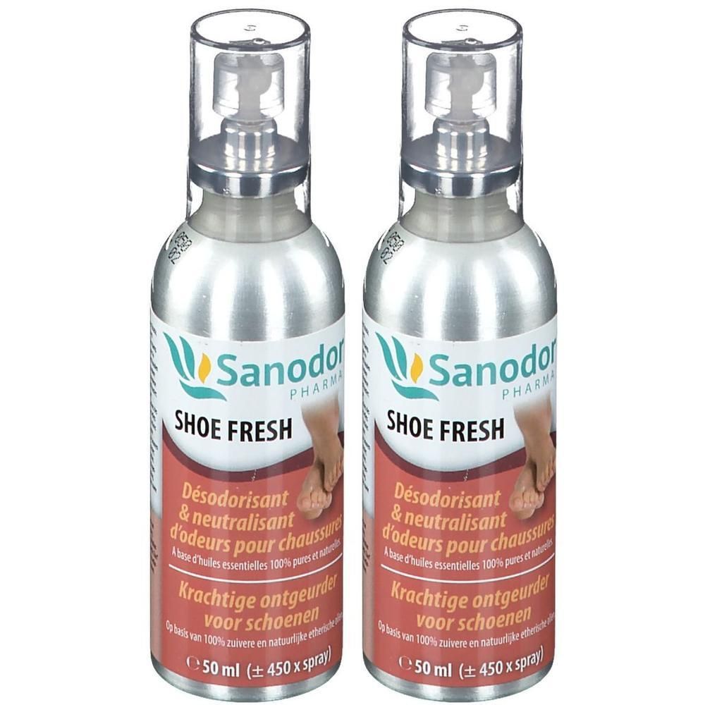 Deux flacons de Sanodor Pharma Shoefresh Désodorisant pour chaussures, 50 ml chacun.