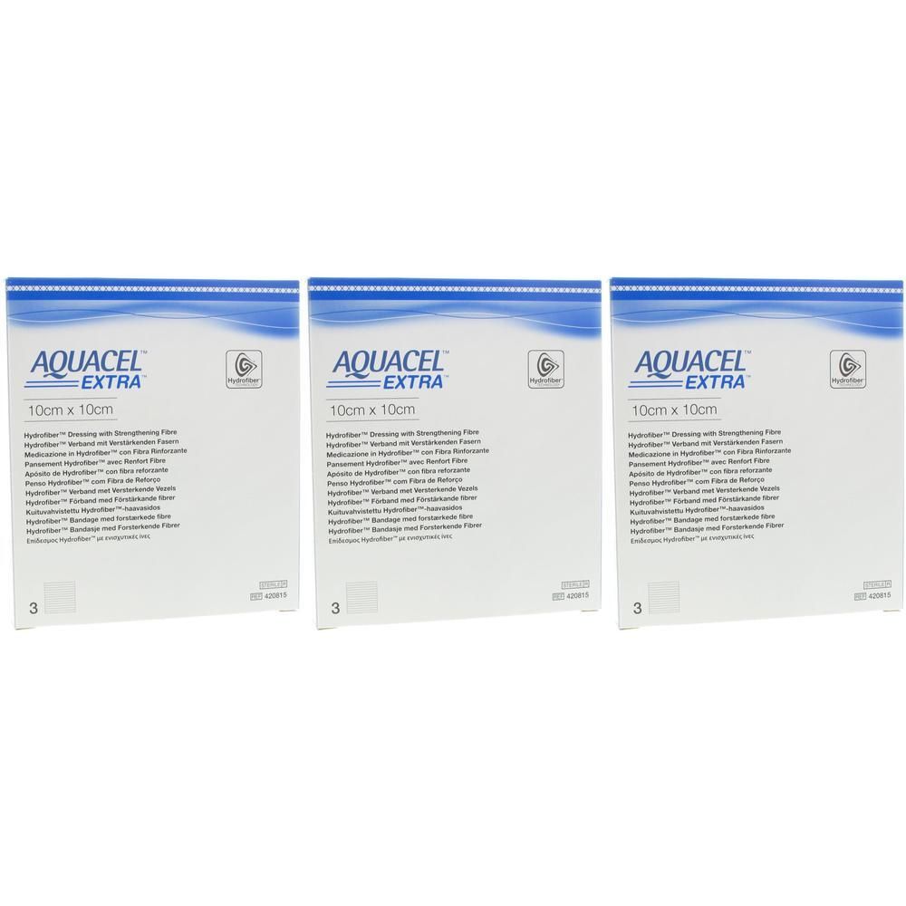 Drie verpakkingen Aquacel Extra Hydrofiber verbanden, elk 10x10cm.