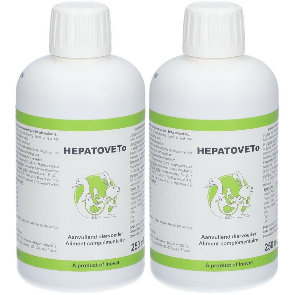 Deux bouteilles blanches Hepatoveto avec étiquette verte et illustrations d'animaux. 250 ml.