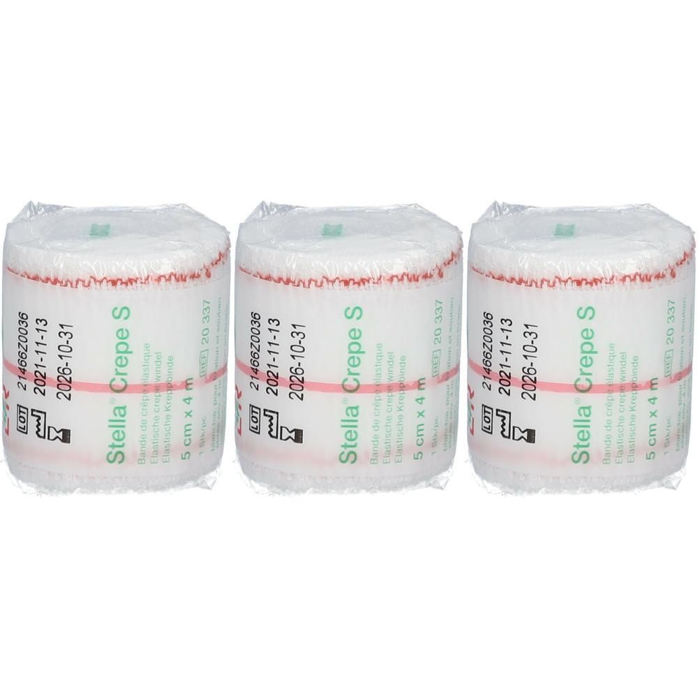 Trois rouleaux de bandage Stellacrepe S, 5 cm x 4 m.