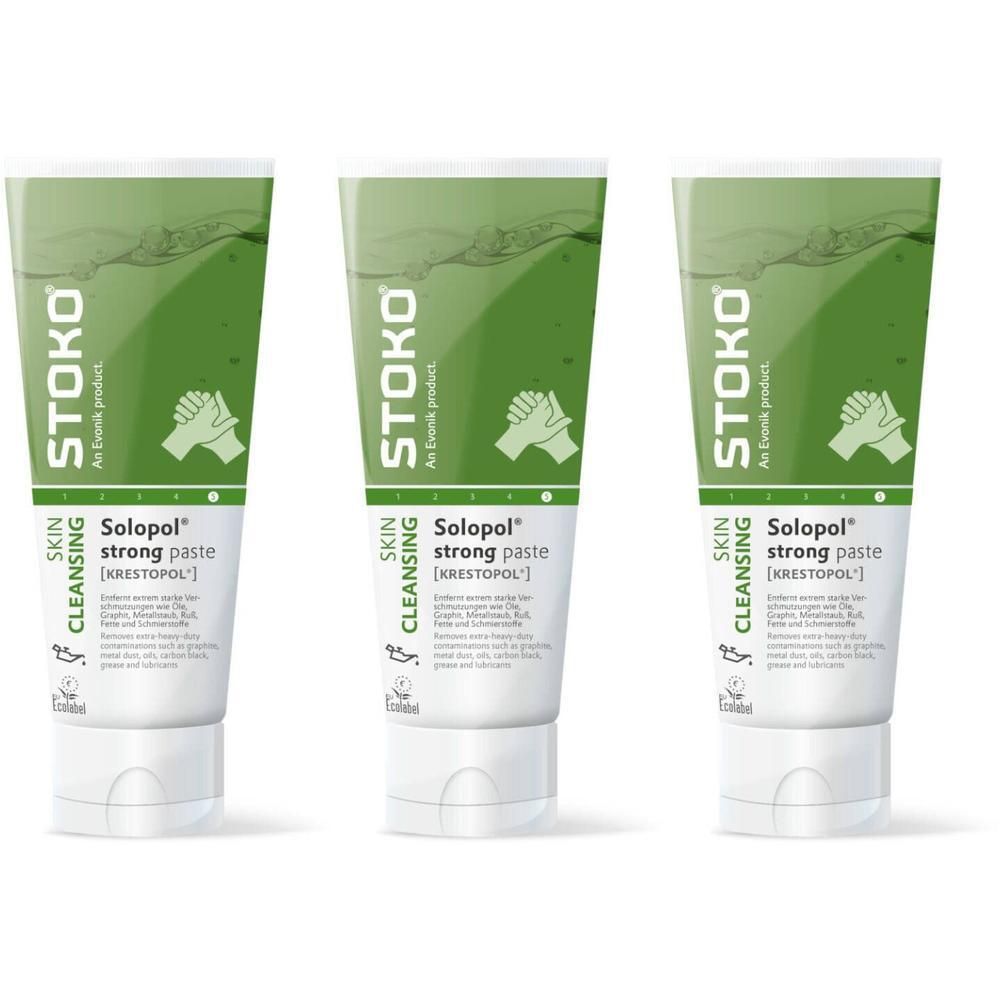 Trois tubes de pâte nettoyante pour la peau Solopol Strong avec logo STOKO et symbole de main.