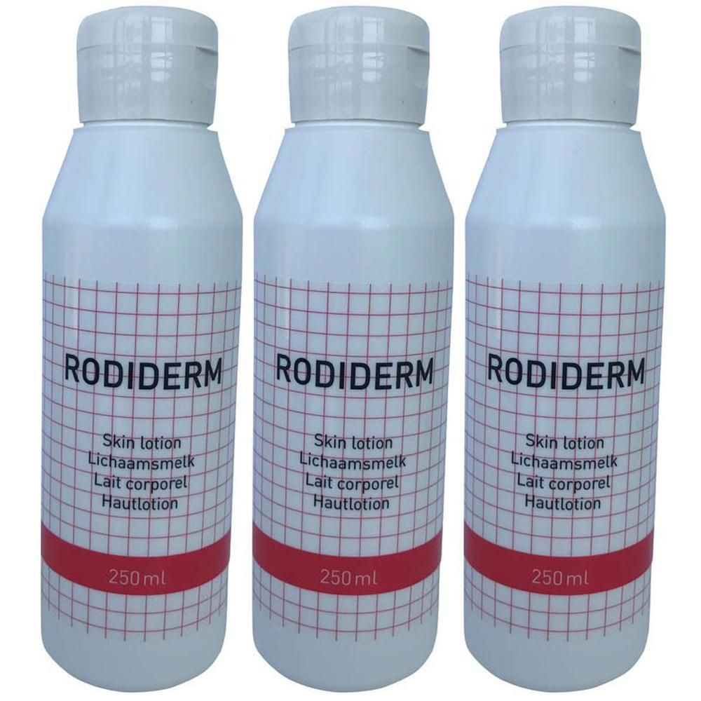 Trois flacons blancs de lotion pour la peau Rodiderm, chacun de 250 ml.