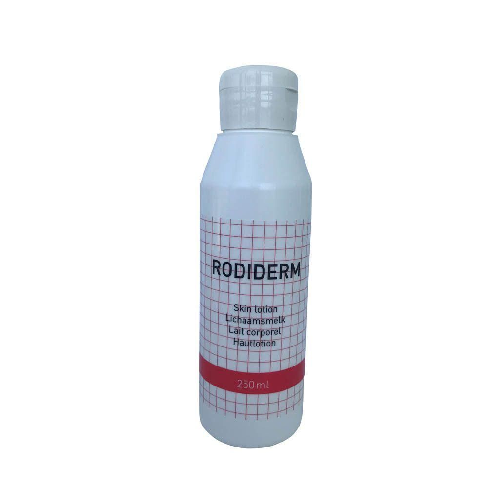 Witte fles met RODIDERM huidlotion, 250 ml.