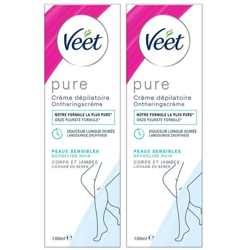 Deux tubes de crème dépilatoire Veet Pure pour peaux sensibles.