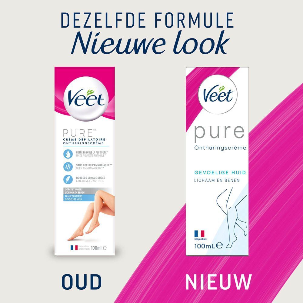 Vergelijking oude en nieuwe verpakking van Veet Pure ontharingscrème voor gevoelige huid.