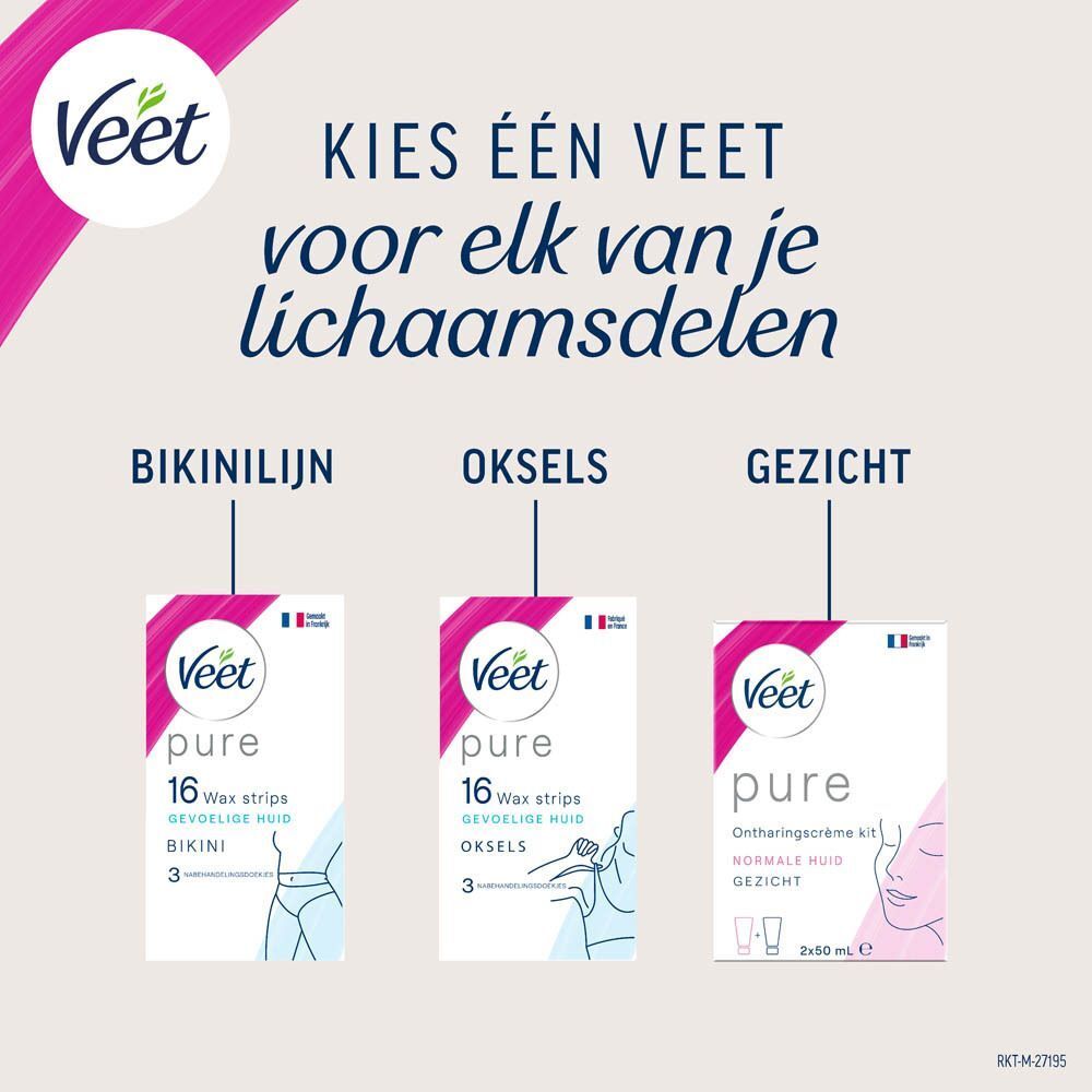 Veet Pure producten: Waxstrips voor bikinilijn en oksels, ontharingscrème voor gezicht.