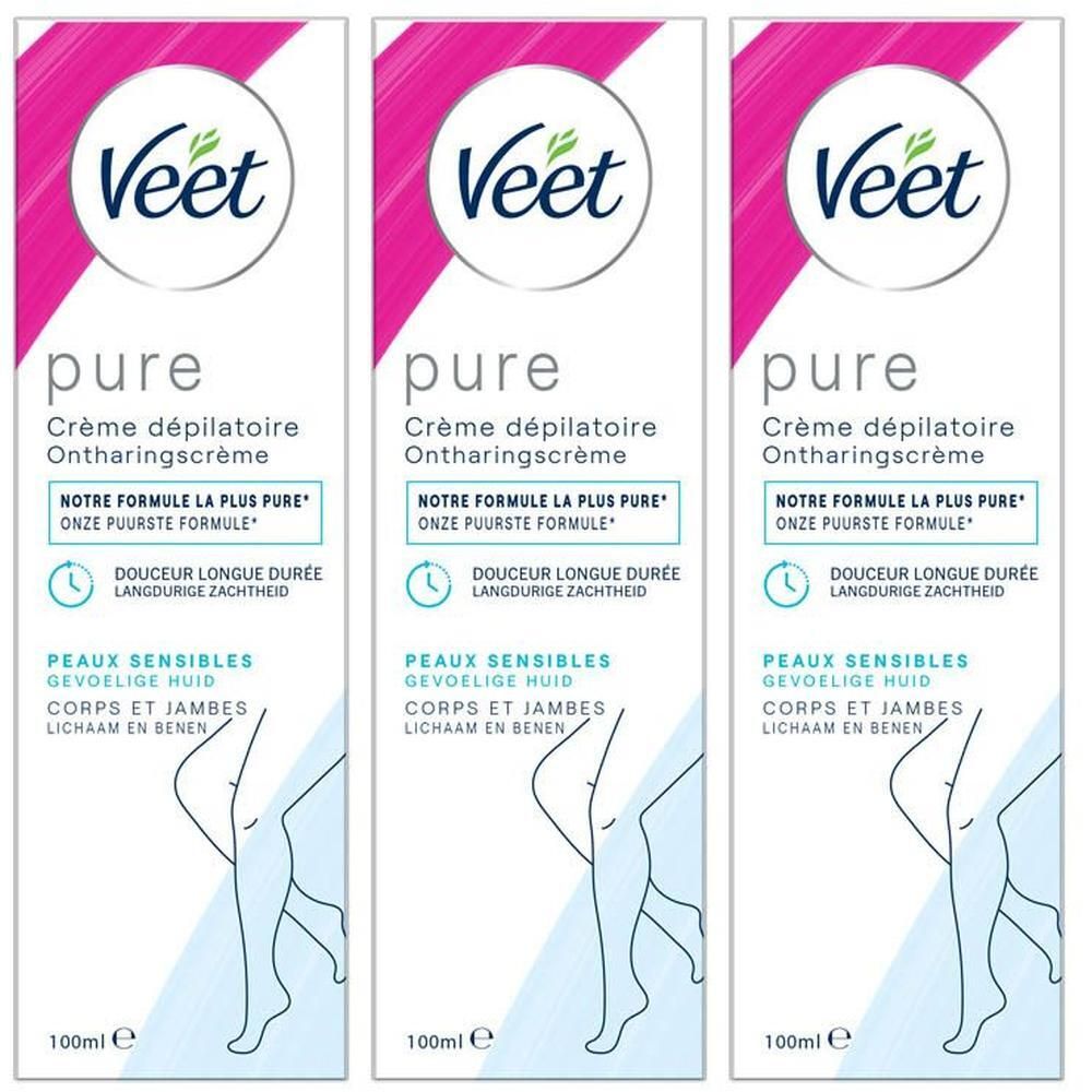 Trois paquets de crème dépilatoire Veet Pure pour peaux sensibles, 100ml.
