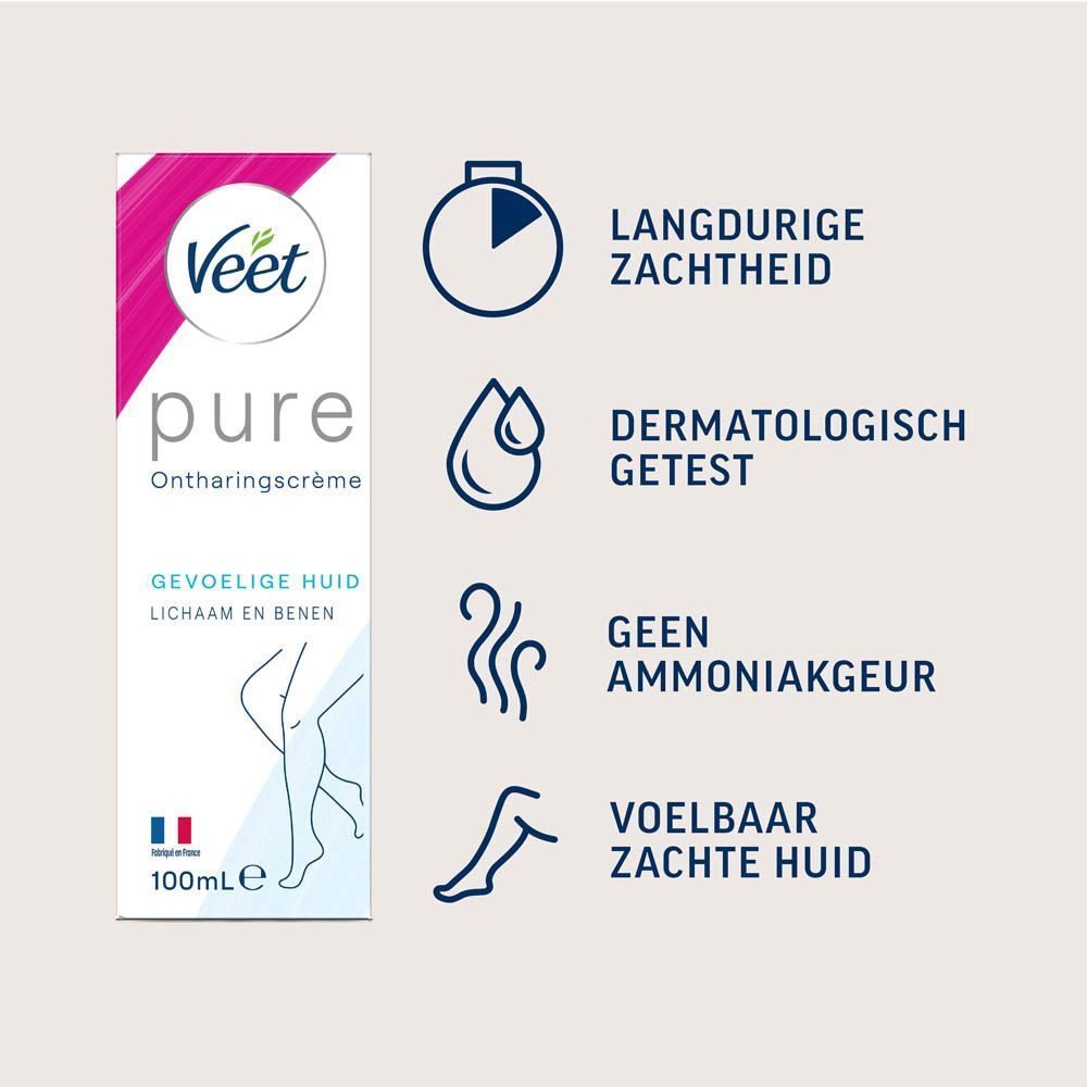 Veet Pure ontharingscrème voor gevoelige huid: Langdurige zachtheid, dermatologisch getest, geen ammoniakgeur.